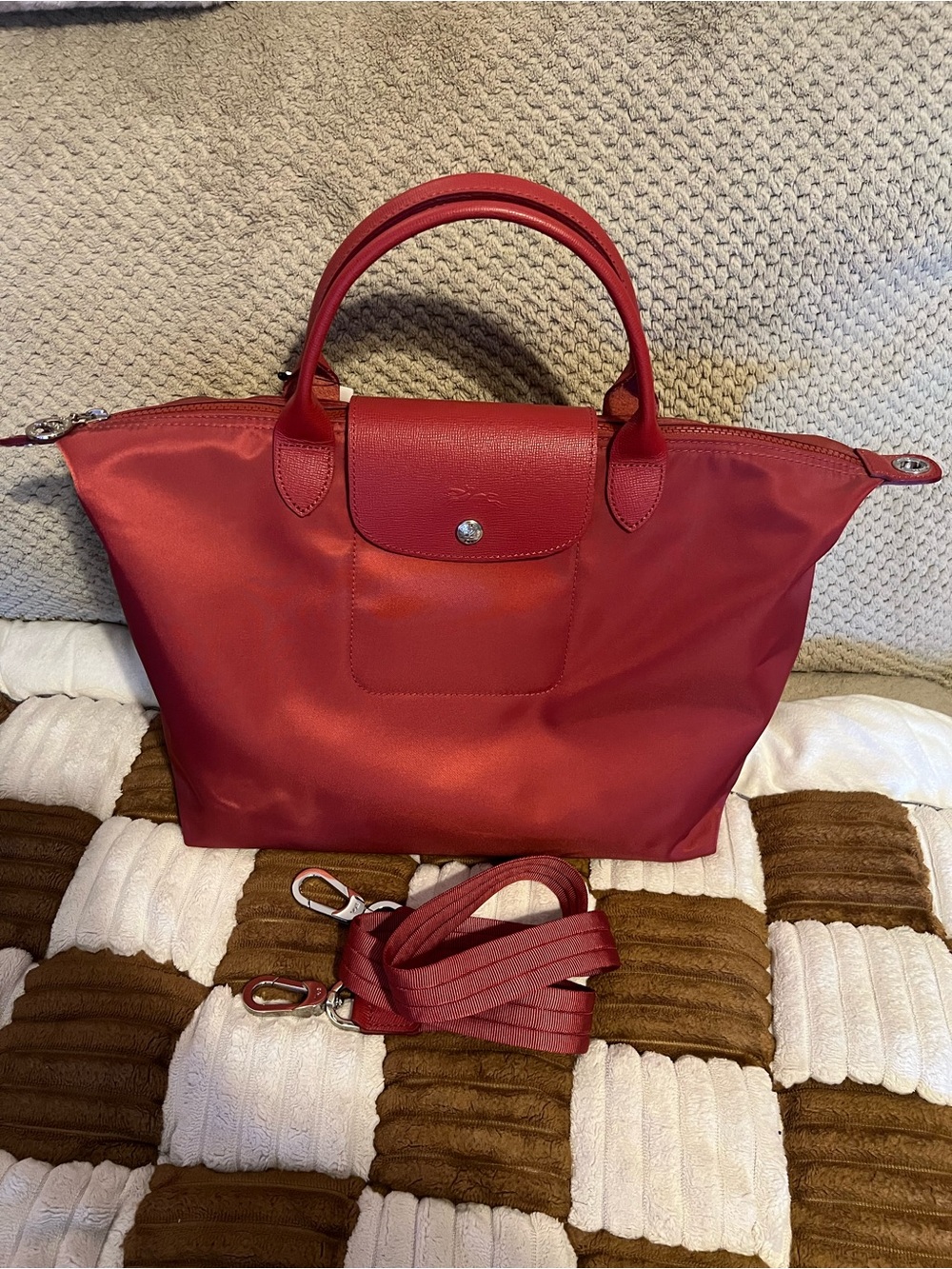 Longchamp Le Pliage Neo Red Medium Bag with Strap NWTS!